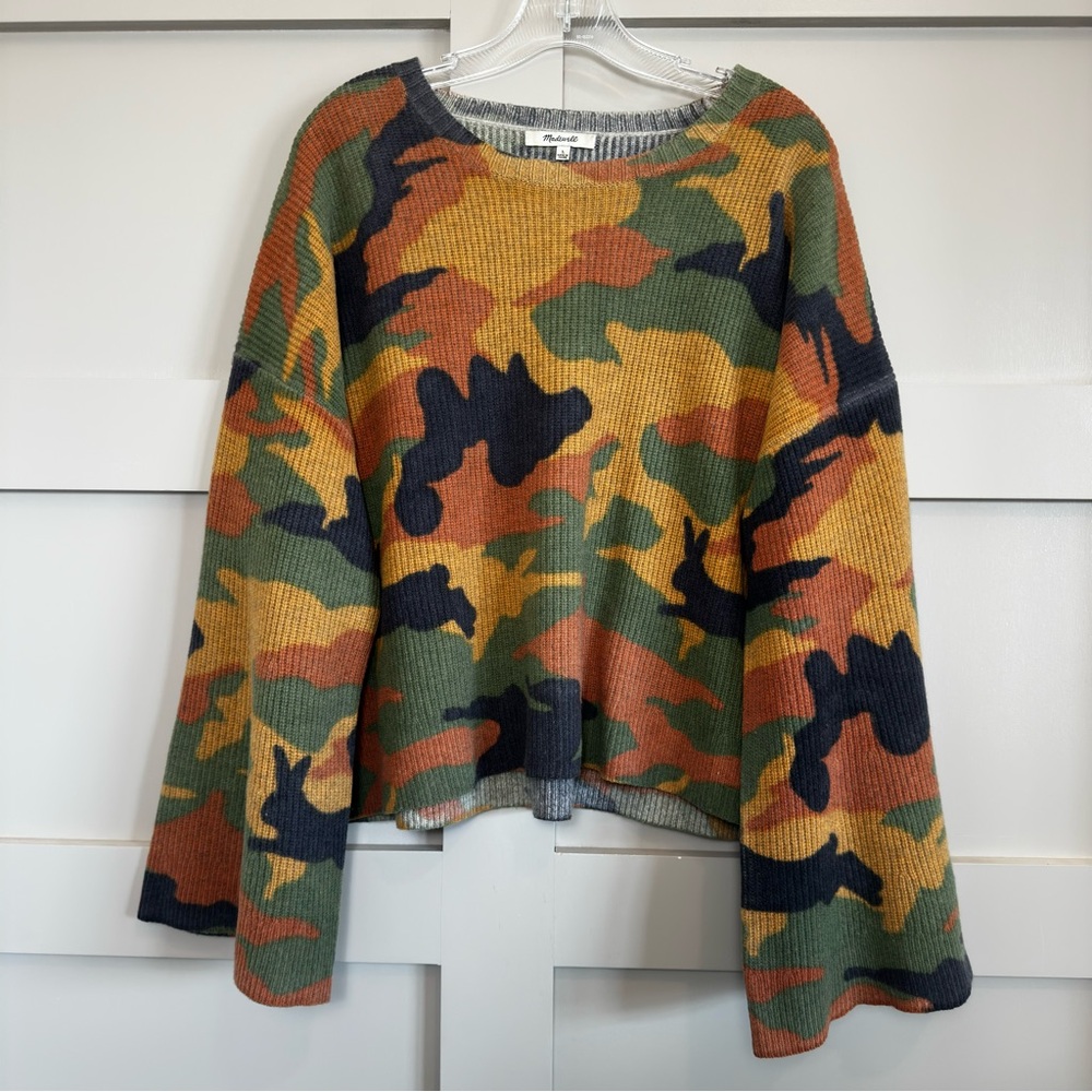 Madewell Cottontail Camo Wide Sleeve Sweater 100% Merino Wool Womens Large Boho